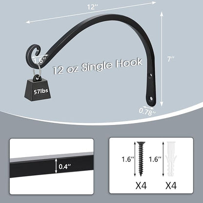 Gtongoko 2 Pack 12 Inch Plant Hangers Outdoor Metal, Plant Hooks for Wall Indoor, Outdoor Hooks for Hanging Bird Feeders, Plant Bracket, Lanterns, Wind Chinme, Black