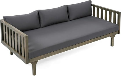 Merax Solid Acacia Wood Couch Chaise Lounge Chair Indoor, 3 Seater Daybed Sofa Couches with Cushions & Pillow, Heavy Frame Day Bed for Living Room, Office, Outdoor, Balcony, Patio, Water Resistant