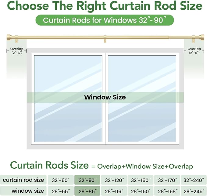 Curtain Rods for Windows 48 to 84, 1 Inch Adjustable Gold Heavy Duty Long Window Curtain Rod, Modern Style Drapery Rods with End Caps, Size 32" - 90"