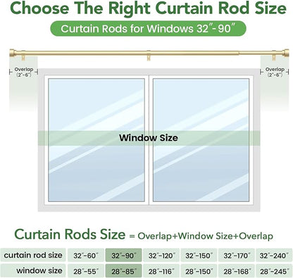 Curtain Rods for Windows 48 to 84, 1 Inch Adjustable Gold Heavy Duty Long Window Curtain Rod, Modern Style Drapery Rods with End Caps, Size 32" - 90"