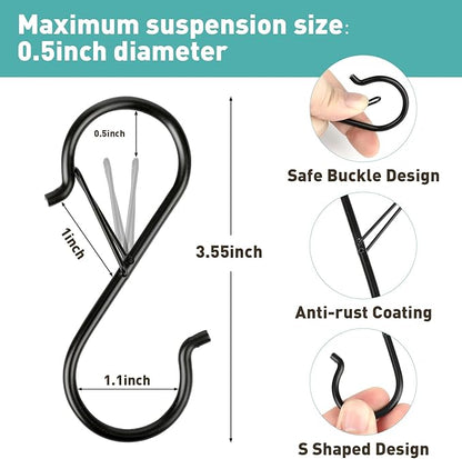 Navona 20 Pcs S Hooks for Hanging Heavy Duty, 3.5-inch Heavy Duty Metal S Hook with Safety Buckle, Suitable for 0.5 inch Rods, S Hook for Hanging Plants, Closet, Kitchen Utensil, Pot, Pan, Bags