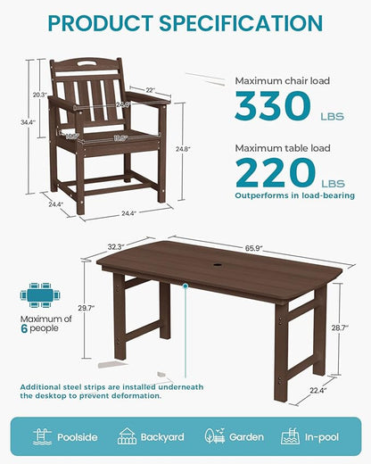 Ciokea HDPE Outdoor Patio Dining Chairs Set of 2, All-Weather Porch Chair with Wide Seat, Durable Outdoor Furniture for Backyard, Garden, Lawn & Poolside, Brown