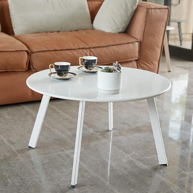 Outdoor Side Table, Outdoor/Indoor Metal Steel Patio Coffee Table, Round Weather Resistant Anti-Rust, White