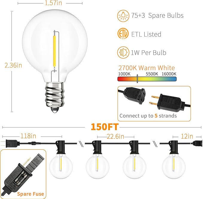 String Lights 150 FT Warm White LED, 75 Shatterproof Bulbs, Waterproof