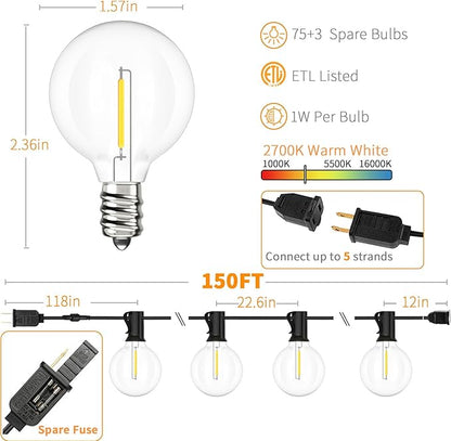String Lights 150 FT Warm White LED, 75 Shatterproof Bulbs, Waterproof