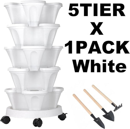 GameXcel Vertical Planter 5 Tier Stackable Planters Garden Planters Strawberry Herb Flower and Vegetable Planter Indoor Outdoor Gardening Pots with Removable Wheels and Tools White