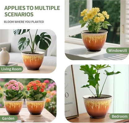 4 Pack Plastic Plant Pots Indoor with Drainage Hole, 8 Inch Glazed Planters for Indoor Outdoor Plants, Garden Flower Pots for Office Home Decor(Orange Glaze)