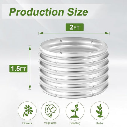 AHEONLAR 2 Pack 2x2x1.5ft Round Galvanized Raised Garden Bed Outdoor Metal Planter Box for Vegetables Steel Raised Beds for Gardening Silver