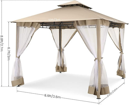 COBIZI Gazebo 10x10 Heavy Duty Gazebos with Improved Nettings Outdoor Gazebo Double Roof Patio Gazebos with Metal Steel Frame Outdoor Canopy for Patio, Deck, Backyard (Khaki)