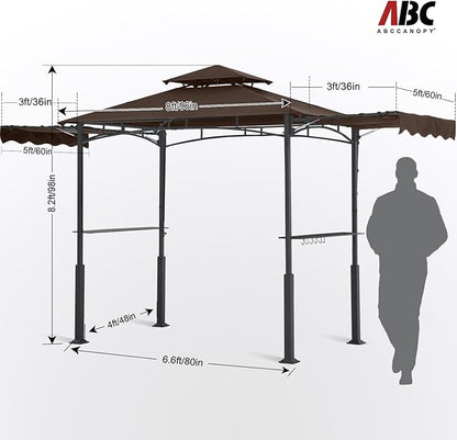 ABCCANOPY Grill Gazebo with 2 Side Awnings - 14x5 Outdoor BBQ Canopy Shelter with 2 Led Lights for Patio Backyard Grilling (Brown)