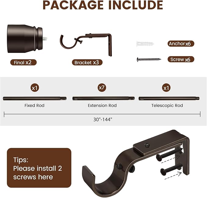 1” Diameter brown curtain rod Itself is 30 to 144 inch. 1 Pack Fits 30-142 inch, 66 to 120 inch Windows with Heavy Duty Adjustable brown curtain rods Splicing Metal Extra Long Curtain Rod