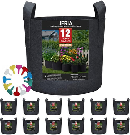JERIA 12-Pack 2 Gallon Grow Bags, 300G Thickened Nonwoven Garden Pots,Heavy Duty Fabric Pots with Reinforced Handles