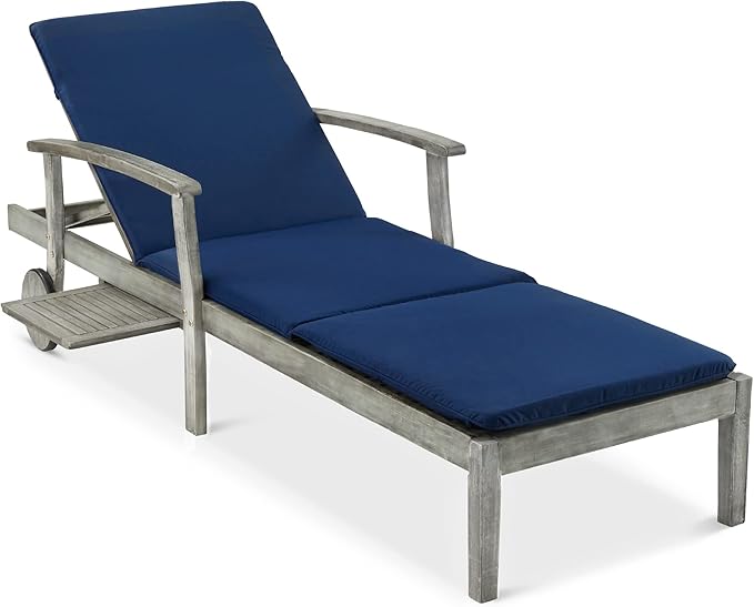 Best Choice Products 79x26in Acacia Wood Chaise Lounge Chair Recliner, Outdoor Furniture for Patio, Poolside w/Slide-Out Side Table, Foam-Padded Cushion, Adjustable Backrest, Wheels - Gray/Navy