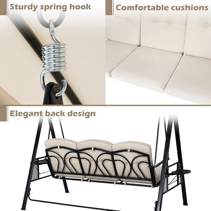 U-MAX 3-Seat Outdoor Patio Swing Chair, Swing Glider with Canopy Porch Swing, Weather Resistant Steel Frame Cup Holders Cushions, Adjustable Tilt Canopy, Beige