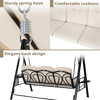 U-MAX 3-Seat Outdoor Patio Swing Chair, Swing Glider with Canopy Porch Swing, Weather Resistant Steel Frame Cup Holders Cushions, Adjustable Tilt Canopy, Beige