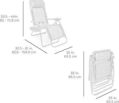 Best Choice Products Set of 2 Adjustable Steel Mesh Zero Gravity Lounge Chair Recliners w/Pillows and Cup Holder Trays - Snow