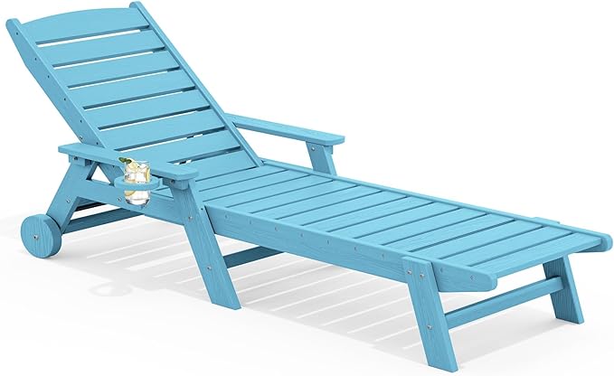 SERWALL Patio Chaise Lounge Chair, 78'' Long HDPE 5 Positions Adjustable Outdoor Lounger, Poly Lounge Chair with Rolling Wheels & Cup Holder for Pool, Light Blue