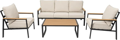 Patio Furniture Set, 4 Pieces Outdoor Furniture Patio Conversation Set with High Back, Faux-Wood Armrest and Tabletop, Outdoor Couch Patio Sofa Set for Balcony, Porch, Backyard, Beige