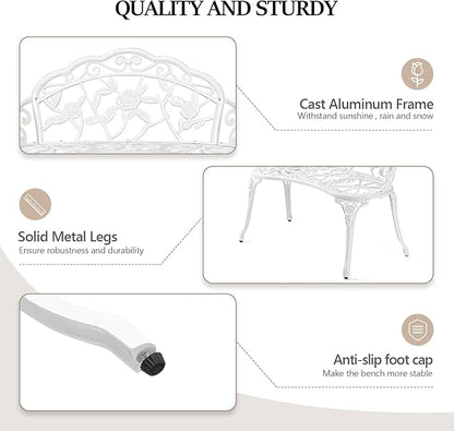 VINGLI 38.5" Patio Park Garden Outdoor Metal Rose Bench, 2-Person Cast Iron Cast Aluminium Frame Antique Finish Chair,Accented Lawn Front Porch Path Yard Decor Deck Furniture (White, Rose)
