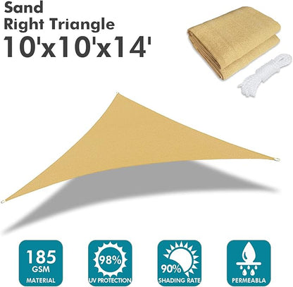 KANAGAWA Sun Shade Sail 10'x10'x14' Sand Triangle UV Block Canopy Awning Shelter Fabric Cloth Screen for Outdoor Patio Garden Backyard