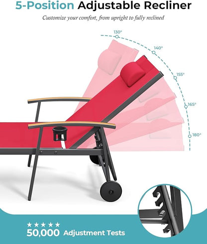 Ciokea Outdoor Lounge Chair with Pillow, 5-Position Aluminum Chaise Lounge with Wheels & Armrests, 400 lbs Heavy Duty Patio Pool Chair for Deck, Backyard, Beach & Poolside, Red