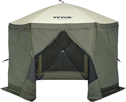 VEVOR Pop Up Gazebo Screen Tent 6 Sided Canopy Sun Shelter with 6 Removable Privacy Wind Cloths & Mesh Windows, 10x10FT Quick Set Screen Tent with Mosquito Netting, Army Green
