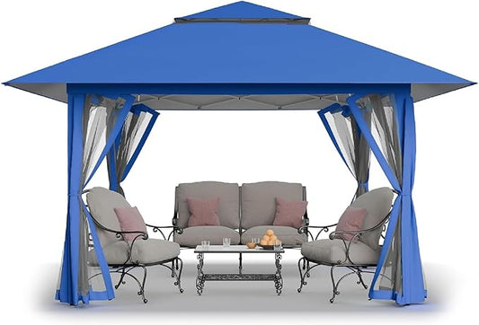 CROWN SHADES 13x13 Pop Up Gazebo, Canopy Tent, Gazebos on Clearance - Outdoor Gazebo for Backyard & Patio Furniture - Carpa Pop Up Tent with Wheeled STO-N-Go Cover Bag (Blue)