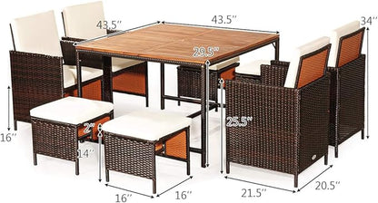 Tangkula 9 Pieces Patio Acacia Wood Table and Chairs Set with Umbrella Hole, Outdoor Space Saving Outdoor Dining Set,for Garden,Yard,Poolside