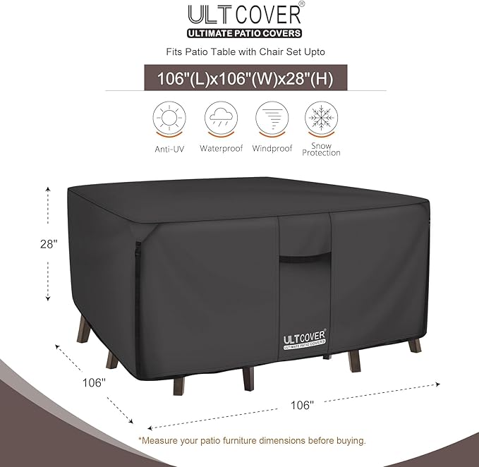 ULTCOVER 600D Tough Canvas Heavy Duty Square Patio Table and Chair Cover - Waterproof Outdoor General Purpose Furniture Covers 106 inch, Black