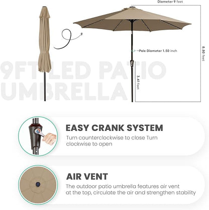 JEAREY 9FT Outdoor Patio Umbrella with Solar Lights, LED Lighted Pool Umbrella with Tilt and Crank, Outdoor Table Umbrellas for Deck, Yard & Market (Beige)