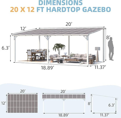AECOJOY 20' x 12' White Gazebo Pergola, 12x20 Large Wall Mounted Lean to Pergolas and Gazebos on Clearance with Patio Roof, Outdoor Patio Metal Awnings for Decks, Porch, Backyard