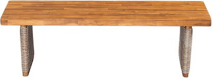 Christopher Knight Home Pasco Acacia Wood Outdoor Dining Table Set for 6, Wicker Patio Dining Set with Acacia Wood Table and Bench, Patio Table and Chair Set with Cushion+Rope Back, Black+Teak+Brown