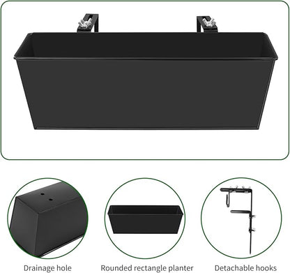Railing Planter for Outdoor Plants 16 Inch Metal Rectangular Window Boxes with Adjustable Brackets and Drainage Hanging Flower Pots for Balcony Deck Railings Apartment Patio Decor Black(4PCS)