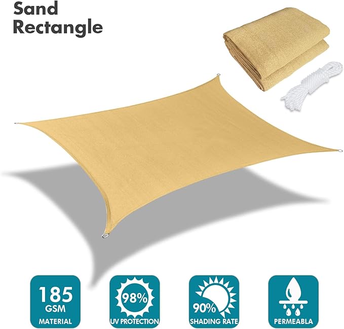 KANAGAWA 12'X24' Sand Custom Size Sun Shade Sail Rectangle UV Block Canopy Cover for Patio Backyard Lawn Garden Outdoor (Customized Available)