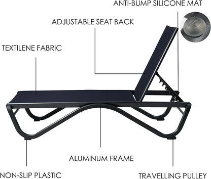 Kozyard Outdoor Chaise Lounge Chair, Full Aluminum Frame, Adjustable Reclining Patio Lounger for Poolside, Sunbathing & Backyard, Textilene (NavyBlue, 2Chairs + Table)