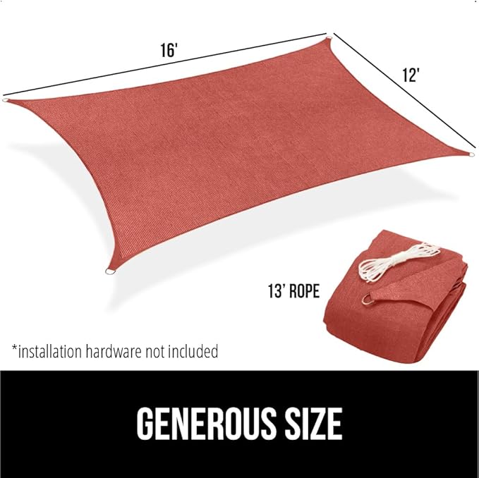 GORILLA GRIP Heavy Duty Sun Shade, UV Protection Fade Tear and Rust Resistant Rectangle Sunshade Canopy, Curved Edges Blocks Sunlight, Breathable Sail, Outdoor Patio, Lawn Garden, 12x16 FT Terra