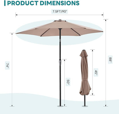 OLIXIS 7.5ft Patio Umbrella with Tilt and Crank Button & 8 Sturdy Ribs Waterproof, Patio Table Umbrella Perfect for Poolside, Terrace, Beach and Outdoor Restaurant, Khaki