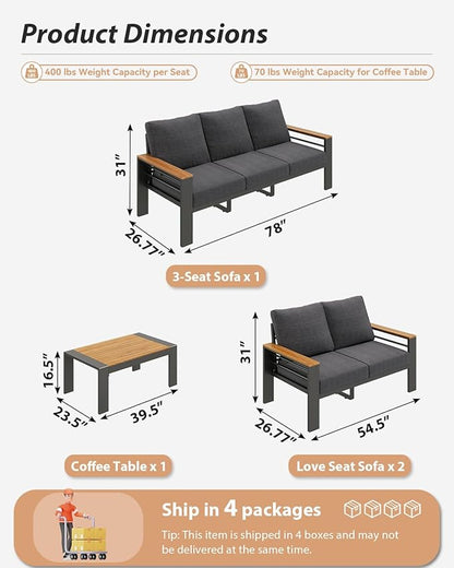 Aoxun Aluminum Outdoor Patio Furniture Set, 7 Seats Outdoor Sectional with Coffee Table, Patio Conversation Sets with Upgraded Armrests and Cushions for Backyard, Garden and Poolside（Dark Grey）