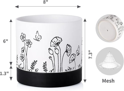 Nihow Ceramic Plant Pot: 6 Inch Planter with Drainage Hole & Saucer for Indoor & Outdoor Plants - Cylinder Round Flower Pot for Succulent/Herbs/Violets - White