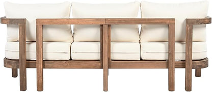 Merax 3 Seater Outdoor Acacia Wood Patio Sofa with Cushions for Porch, Garden, Backyard, Balcony, Brown wash, Beige Cushion