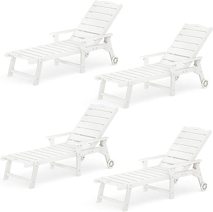 LUE BONA Outdoor Chaise Lounge Chairs Set of 4, HDPS Chaise Lounger, 5 Positions Adjustable Lounge Chairs, Pool Lounge Chair with Wheels for Poolside, White