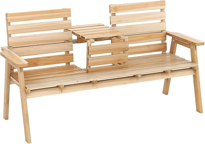 Tangkula Outdoor Fir Wood Bench with Foldable Middle Table, 2-3 Person Garden Bench with Backrest and Armrests, 710 lbs Weight Capacity, Slatted Seat Bench for Porch, Patio, Backyard