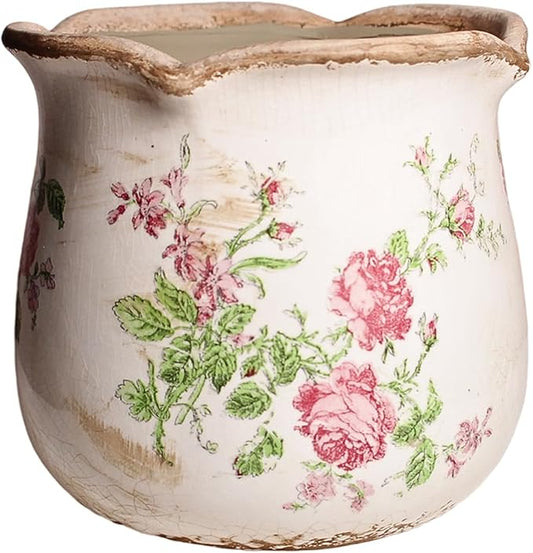 Shabby Chic Flower Pot, 6.11 Inch Ceramic Planter with Drainage for Indoor Plants, Vintage Ceramic Vase, Country Chic Spring Garden Home Decor, Pink Rose Floral