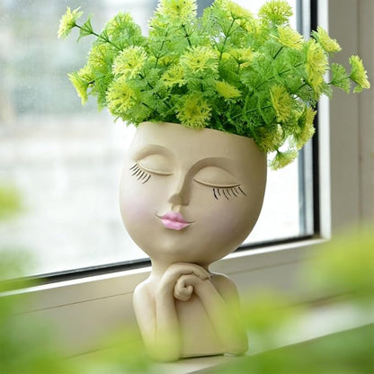 Face Head Planter, Funny Heads Plant Pots, Cute Girl Faces Plant Pot, Decorative Flower Pots, Cute Succulent Pots with Drainage for Home Garden Decor, Plant Lover's Gifts for Women (7" Khaki)