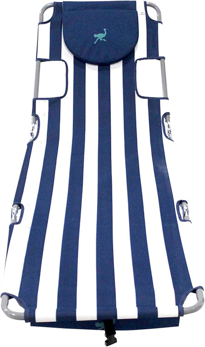 Ostrich the Backpack Chaise Lounge, Folding & Reclining Outdoor Beach Chaise Lounger Chair for Lawn, Pool, Patio, Garden, and Yard, Blue Stripe