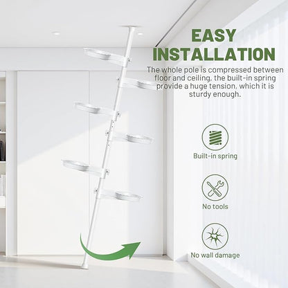 Tension Rod Plant Stand, Plant Poles for Hanging Plants Indoor, 6 Tier Tension Pole Plant Hanger, Floor to Ceiling Plant Pole with 6 Trays Hanging Plant Stand, White