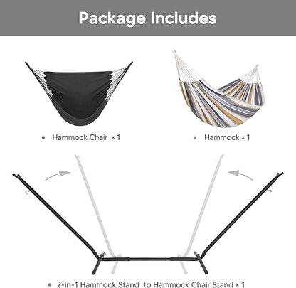 SUNCREAT 2-in-1 Convertible Double Hammocks 2 Person Heavy Duty, Large Patio Hammock with Space Saving Stand, Patented, Coffee Stripe