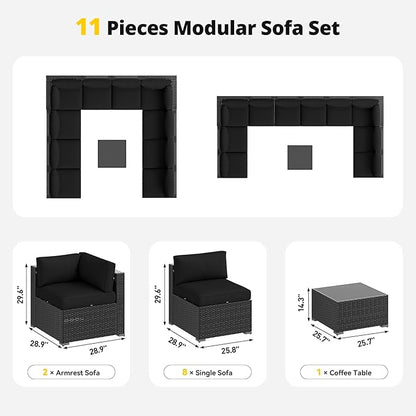 Aoxun Patio Furniture Set, 11 Piece Outdoor Sectional Sofas with Waterproof Cover, 10 Seats Wicker Rattan Outdoor Furniture Patio Conversation Set for Backyard, Garden Black