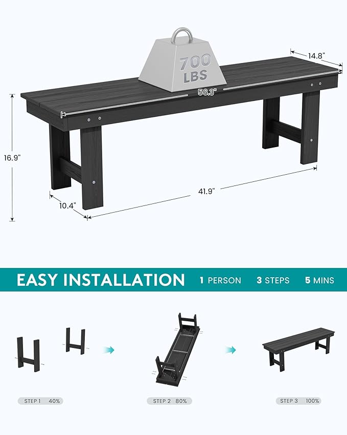 SERWALL 2-Person Outdoor Bench Backless, HDPE Outdoor Benches Weatherproof, 700 Lbs Weight Capacity, Poly Lumber Patio Furniture for Garden, Porch and Park, Black