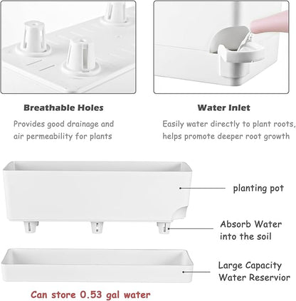 4 Pack Self Watering Pots for Indoor Plants 17 Inches Window Boxes Planters Rectangular Flower Pots Rectangle Herb Pots Large Plant Pots with Drainage Holes and Saucers Windowsill Planter, White